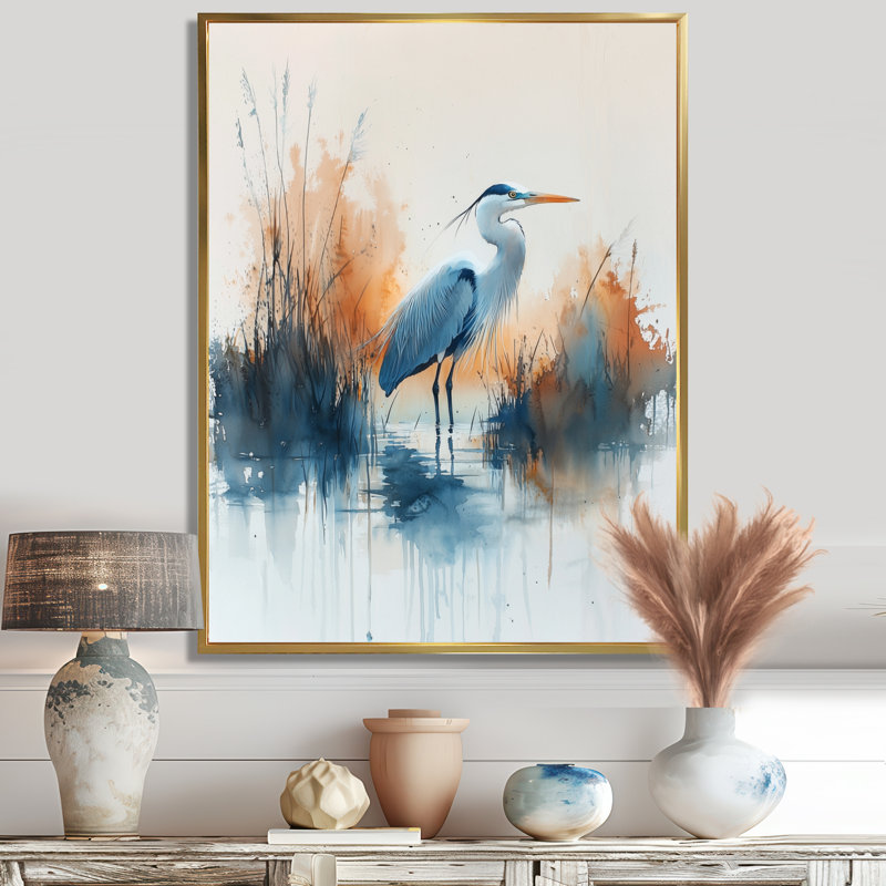 Bender Tranquil Heron By The Lake II - héron, art mural, H 44 po x l 34 po, Reproduction avec cadre flottant, Doré