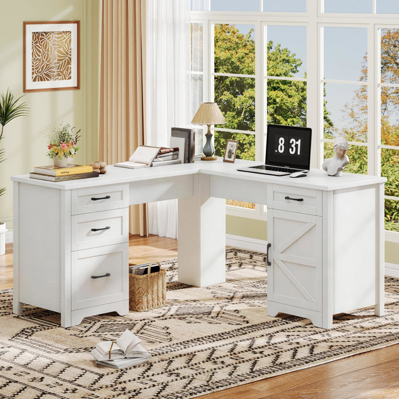 Bureau de direction en L 59 po avec prises de courant, White
