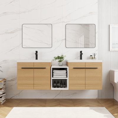 Ensemble de meuble-lavabo mural 60 po avec lavabo de comptoir en résine et 1 tablette de rangement, 4 portes à fermeture douce (KD-Packing)