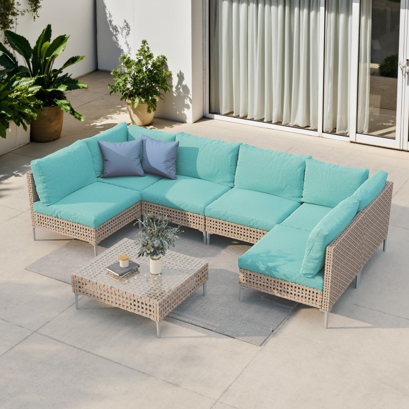 7-Pieces Wicker Conversation Sets, Mint Green Cushion/Gray Wood Frame