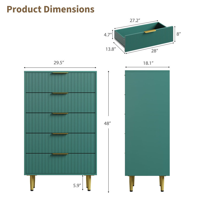 Fluted 5 Drawer Dresser for Bedroom, Wooden Chest with Metal Handles for Living Room or Hallway Storage, Green