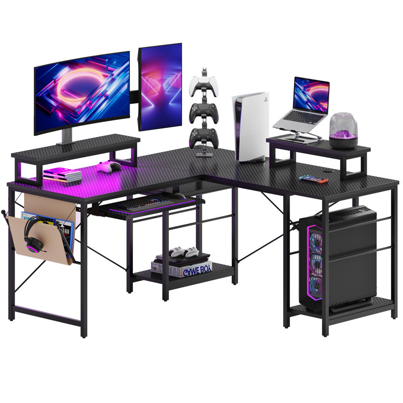 Orndorff L Shaped Gaming Desk or 2 Person Long Table with Shelves Monitor Stand and Keyboard Tray, Black Carbon Fiber