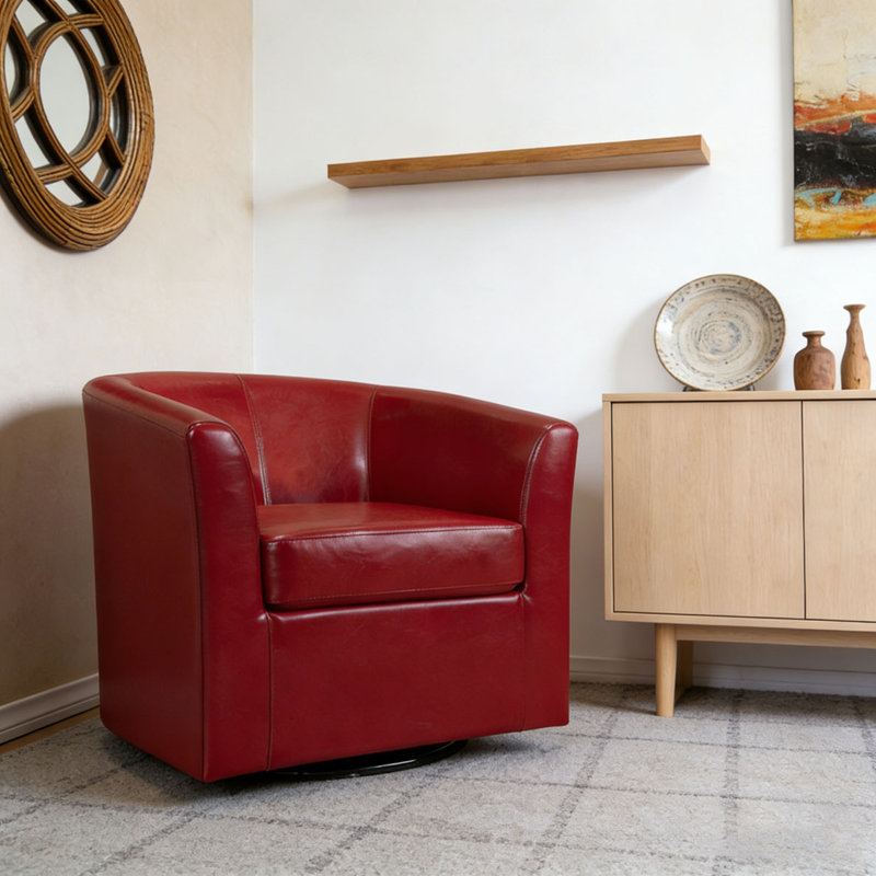 Faux Leather Swivel Barrel Chair, Red