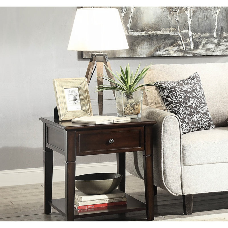 Table de bout moderne avec finition en noyer avec tiroir et tablette inférieure