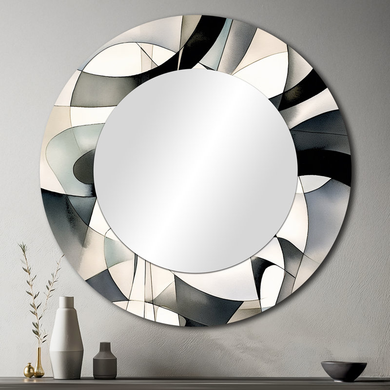 Abstrait neutre neutre XIII - miroir rond moderne géométrique 36 pouces, 36 po x 36 po