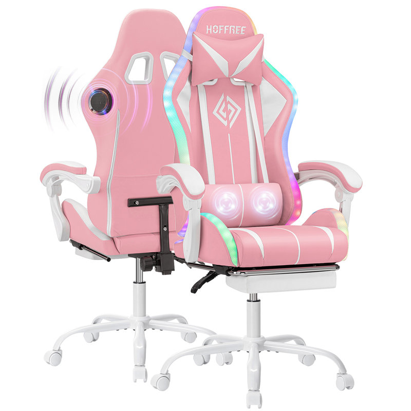 Hoffree LED Ergonomic Gaming Chair with Bluetooth Speakers and Vibration Lumbar Pillow, Pink/White