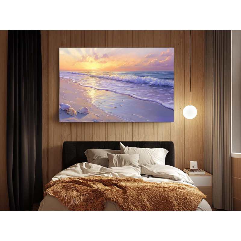 Reproduction d'art sur toile «Peaceful Beach Sunrise» avec coquillages et vagues océaniques pour la maison, H 20 po x l 30 po