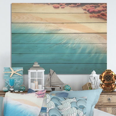 Tropical Beach, vue aérienne des vagues II - plage et océan sur bois