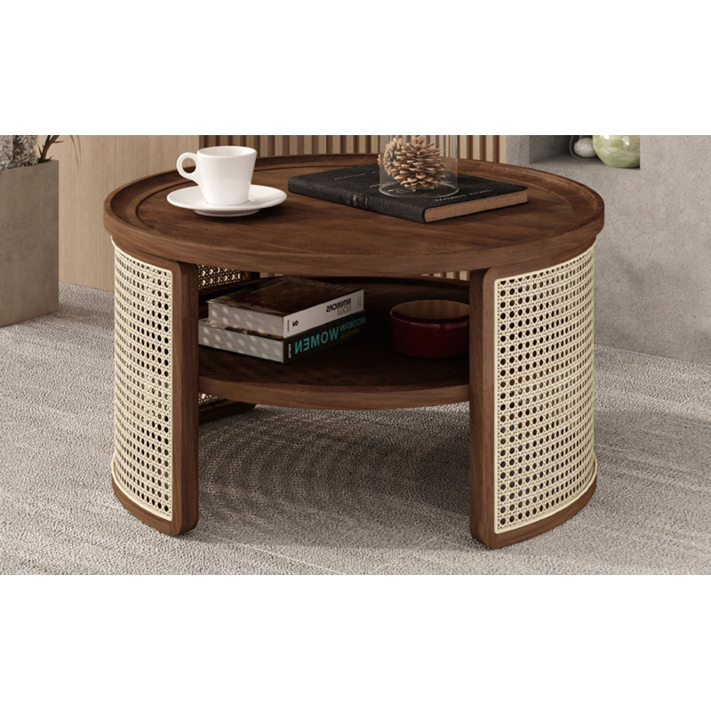 Table basse ronde en rotin avec rangement, Bois de noyer