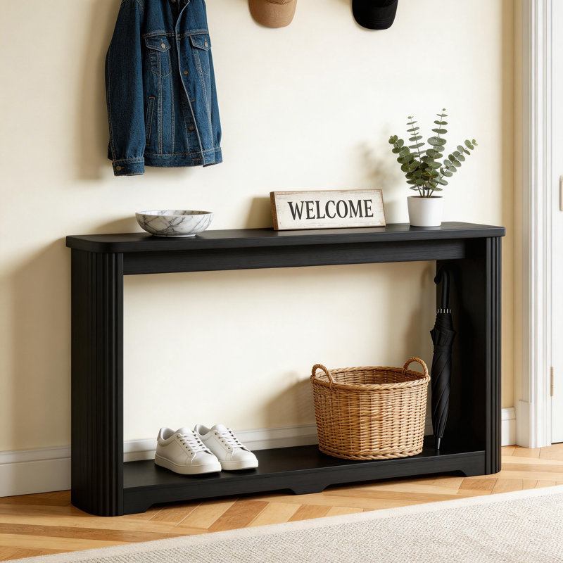 Elegant Fluted Column Entryway Table - 70" Slim Depth Entryway Table In Matte Black, Black
