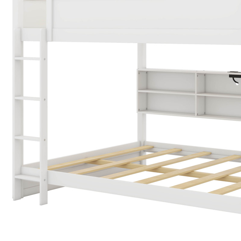 Queen Over Queen Bunk Bed With Storage Cabinets And Charging Station, Wood Bunk Bed With Storage Bookcase Shelves, White