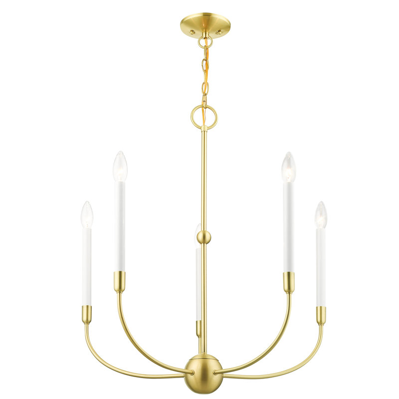 Lustre traditionnel à 5 lumières de style bougie Balmers, Laiton naturel, H 28 po x l 24 po x P 24 po, 5