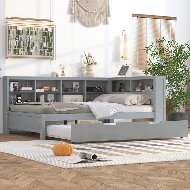Lit de jour en bois double avec lit gigogne simple, tablette de rangement et ports de chargement USB pour une vie moderne