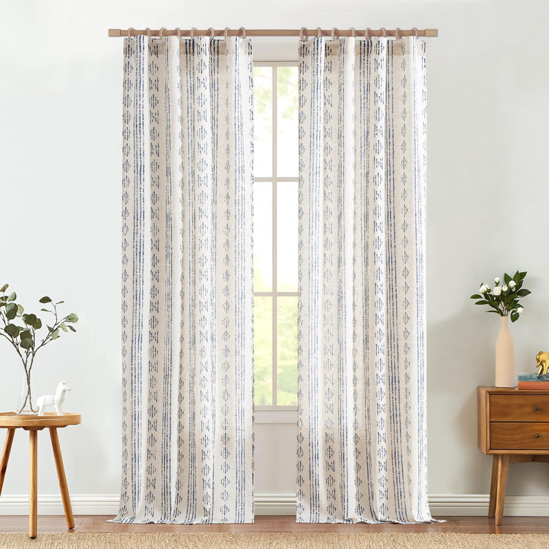 Linen Blend Semi-Sheer Rod Pocket Curtain Pair, 38" W x 96" L, Blue on Beige