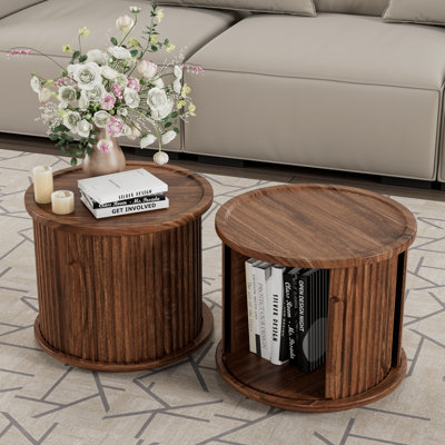 Ensemble de 2 tables de chevet rondes cannelées, ensemble de tables de chevet à finition noyer, table de bout pour le salon de la chambre à coucher