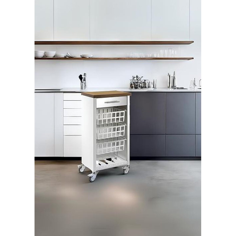 Zamora 48cm W Kitchen Trolley with Wood-Effect Top and Locking Wheels, White