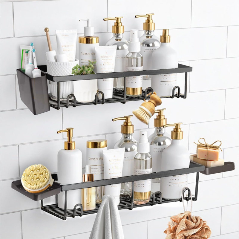  Adhésif pour panier de douche, organisateur antirouille, paquet de 5 tablettes de salle de bain antirouille, sans perceuse de grande capacité, accessoires de rangement de support avec 2 porte-savon, porte-brosse à dents et 8 crochets décoratifs noirs