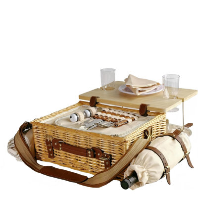 Ensemble de panier de pique-nique multifonctionnel en osier pour 2 adultes avec table de pique-nique et couvertures, grand ensemble de pique-nique isolé avec poche à vin et vaisselle complète pour le camping