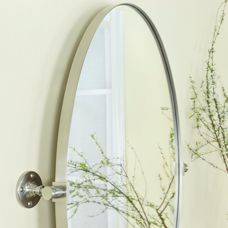 Miroir de salle de bain ovale pivotant en métal nickel brossé l 20 po x H 30 po Aura, miroir de coiffeuse ovale inclinable pour mur, suspension verticale