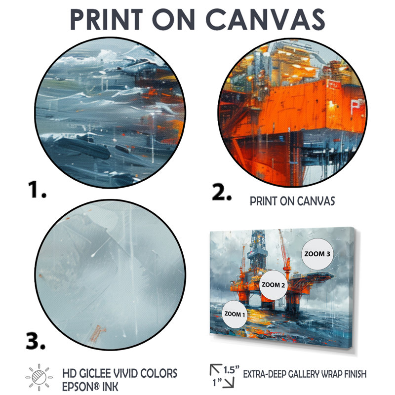 «Grey Orange Summer Summer Rig In Ocean - Oil RIGS / Fields», art mural, Toile avec cadre flottant brun