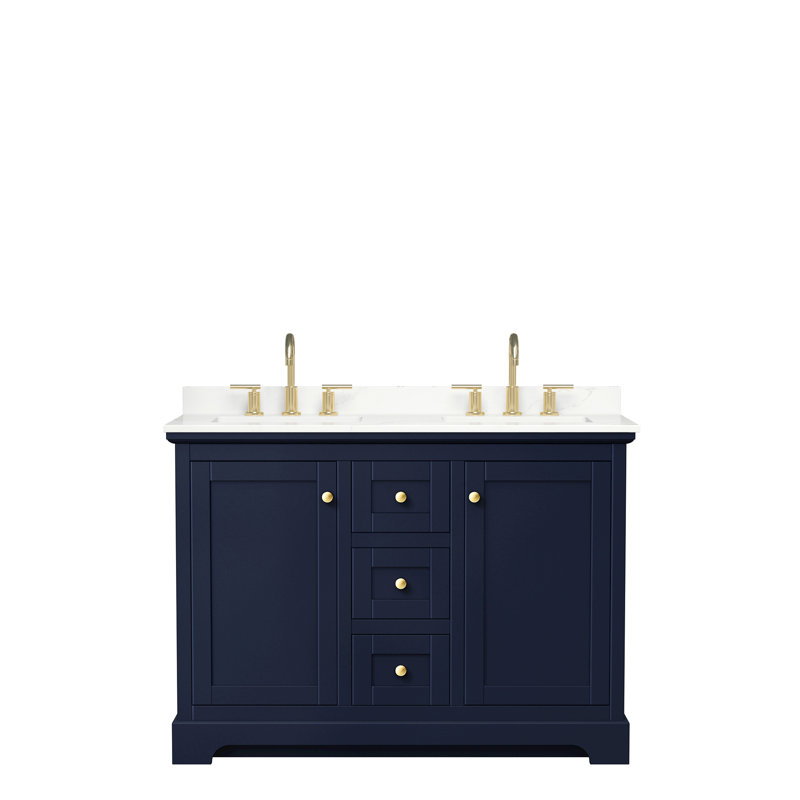 Avery 48'' Double Bathroom Vanity with Quartz Top, Dark Blue, Giotto Quartz, Brushed Gold