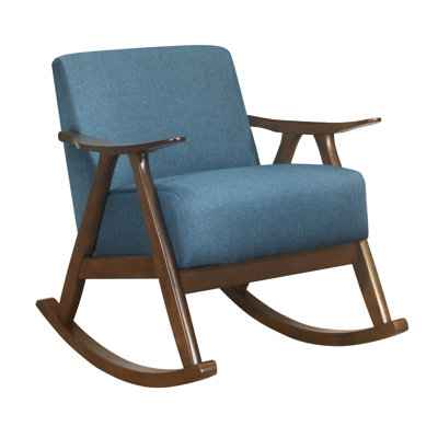 Fauteuil à bascule moderne en bois massif avec revêtement en polyester bleu et finition noyer foncé