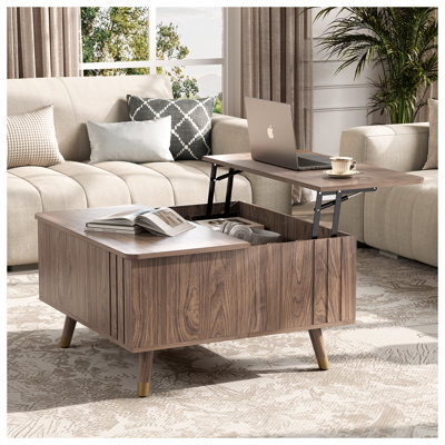 Lift Top Coffee Table with Storage, 32" Square Coffee Tables with Lifting Top, Mid Century Modern Centre Table with Hidden Compartment for Home Office, Living Room, Walnut
