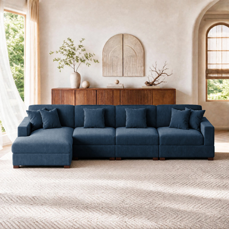 Canapé modulaire en velours côtelé 4 pièces-R, Velours côtelé bleu marine, H 33,2 po x l 150,8 po x P 63 po