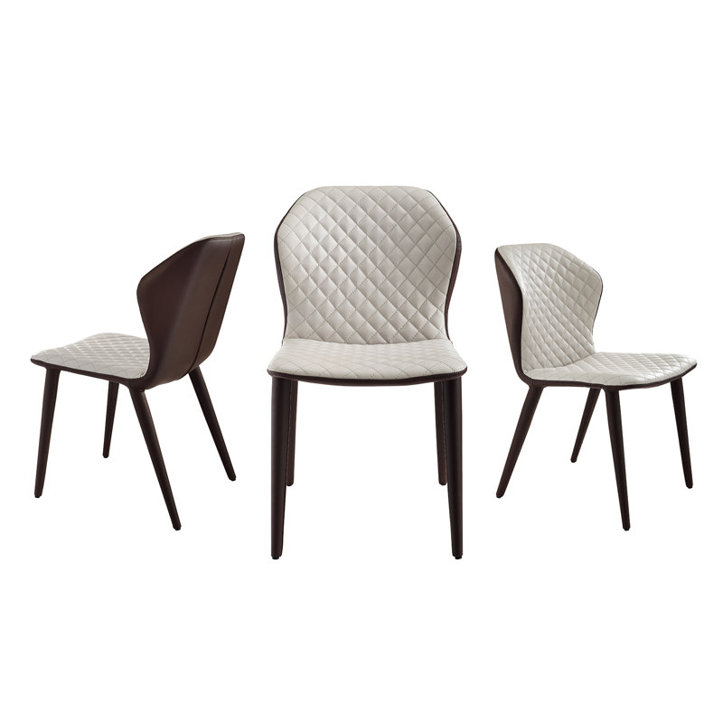 Beige Quilted PU Leather Upholstered Side Chairs with Dark Wood Legs