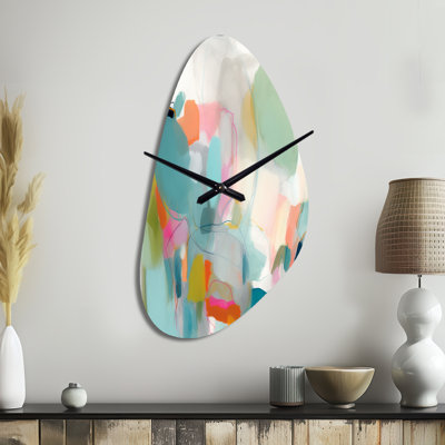 «Rose Blue Minimalims Fludity IV», horloge murale asymétrique en métal, impression d'horloge murale rose
