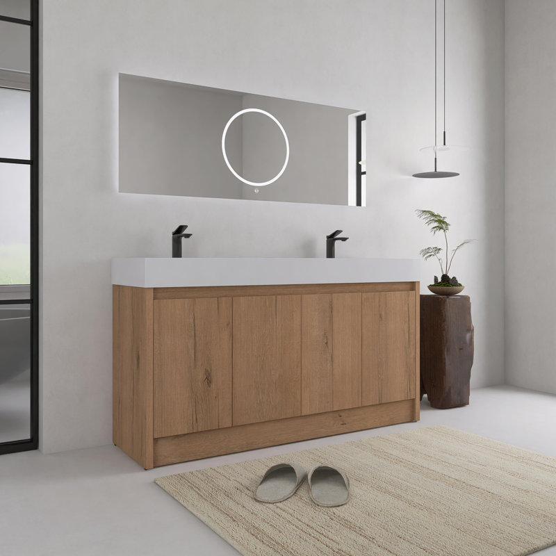 Meuble-lavabo double 60 po avec plateau en résine, armoire de salle de bain autoportante avec 4 portes à fermeture douce 60 po