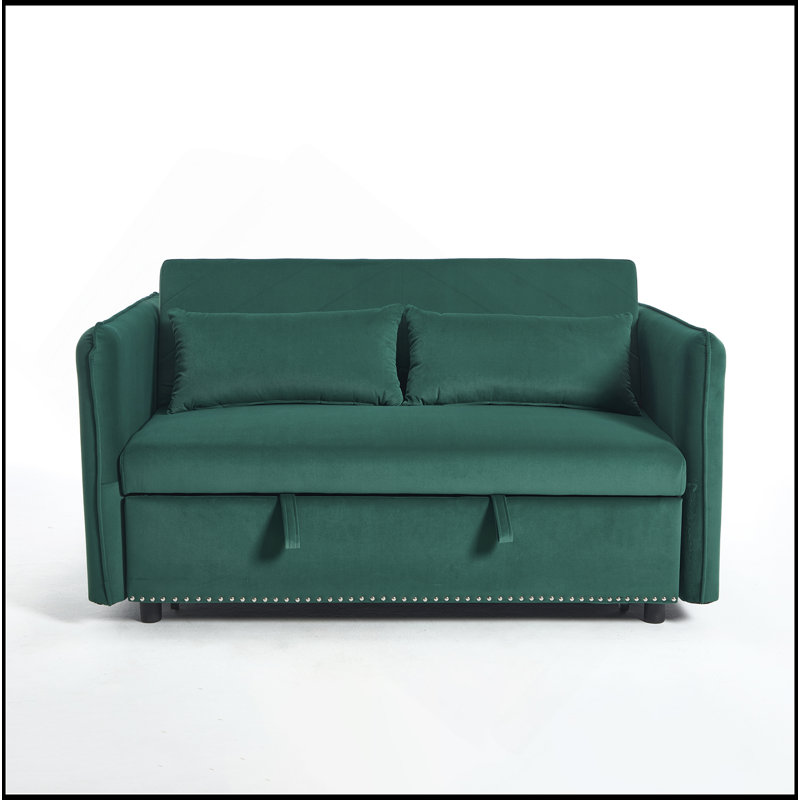 Canapé-lit convertible futon 3 en 1, petite causeuse en velours de 55 po avec 2 coussins, dossier inclinable, poches latérales pour le salon, canapé-lit