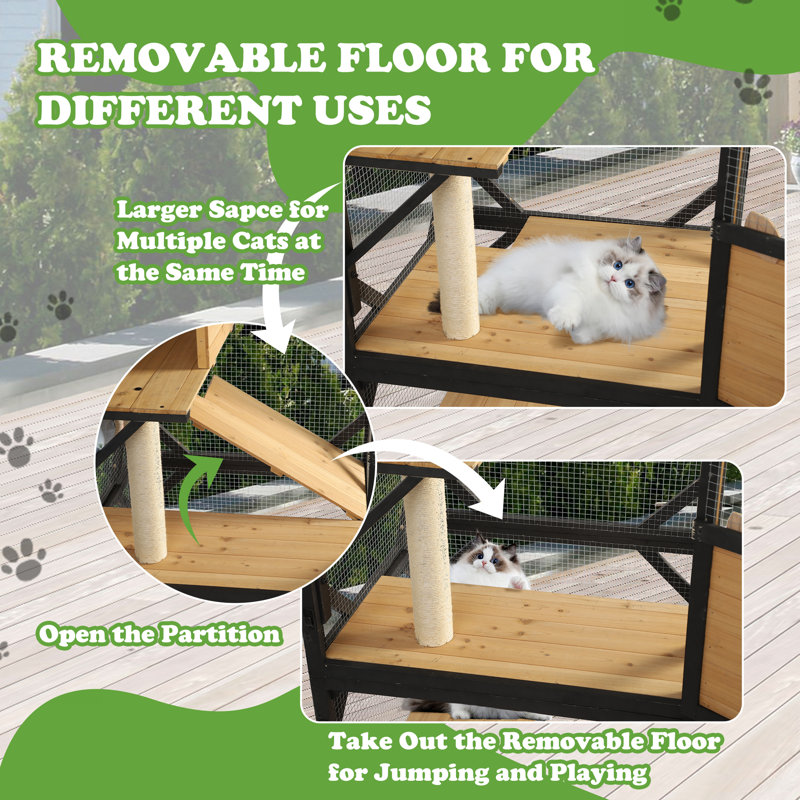 Black and Natural Wood 4-Tier Outdoor Cat Enclosure with Wheels