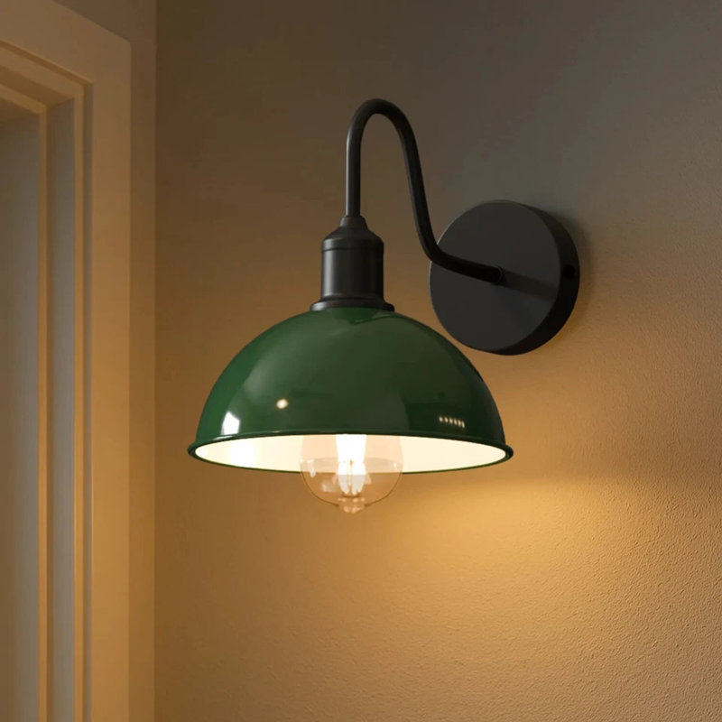 Modern Industrial Vintage Dome Wall Sconce – Fixed Curved Arm Metal Light for Bedroom, Hallway, Living Room, and Office., Yes