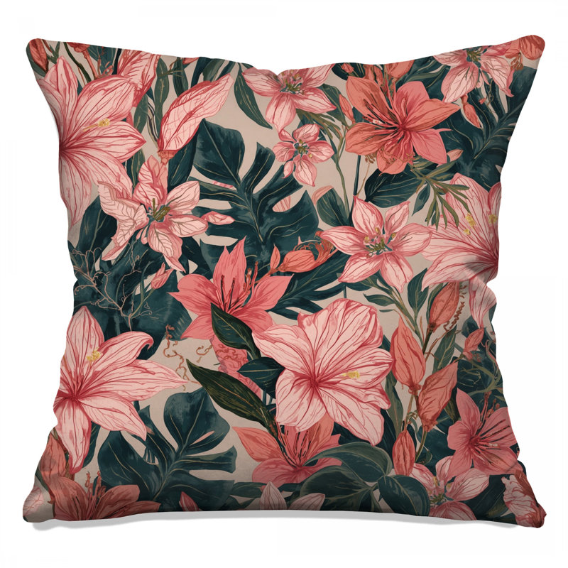 Coussins décoratifs roses à motif de fleurs tropicales, 26 x 26 pouces