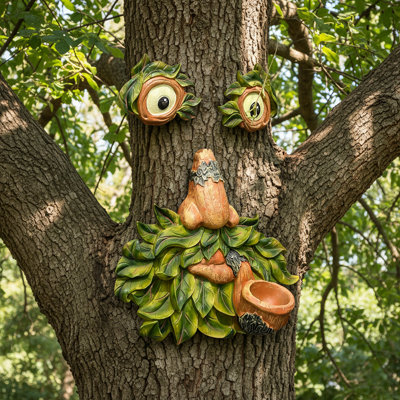 Décoration murale Tree Spirit avec mangeoire à oiseaux intégrée - Sculpture réaliste en résine pour le jardin, la cour et la clôture | Décoration extérieure fantaisie avec trous de fixation pour une présentation toute l'année