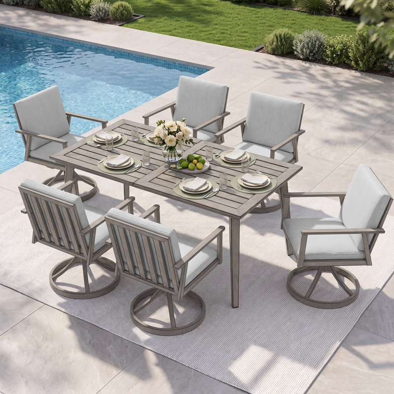 Ensemble de salle à manger d'extérieur, ensemble de salle à manger pivotant en aluminium avec trou pour parasol, ensemble de mobilier d'extérieur pivotant à 360 °, chaises et table pivotantes pour terrasse, jardin, cour arrière, chêne chaulé