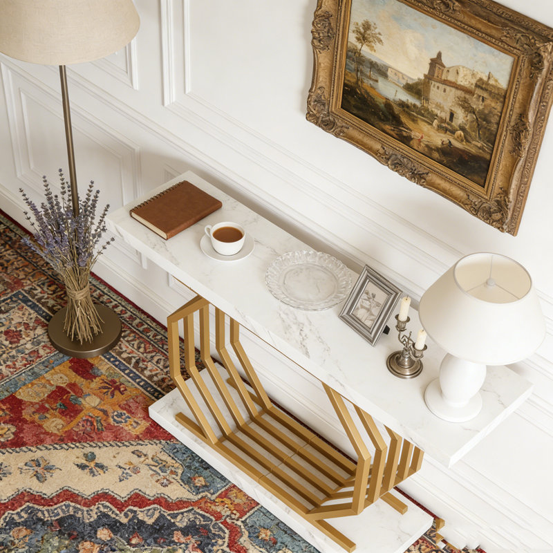 Canapé d'appoint Faux Marble Console, Blanc et or