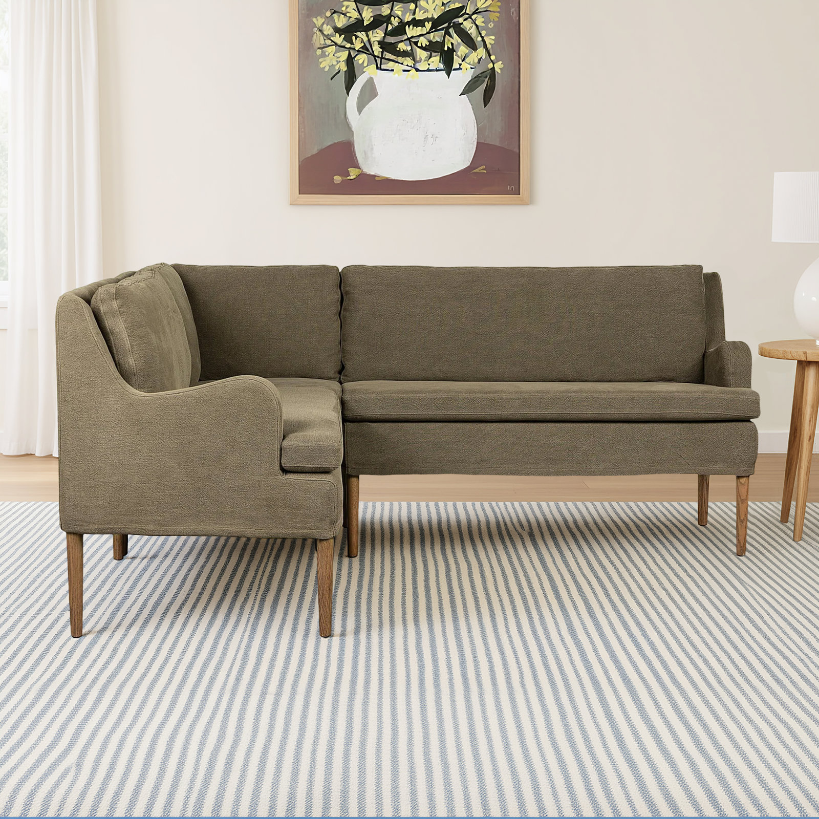 Aurelia Dining Banquette, Broadway Olive Linen, 34.5" H x 76" W x 76" D, Symmetrical