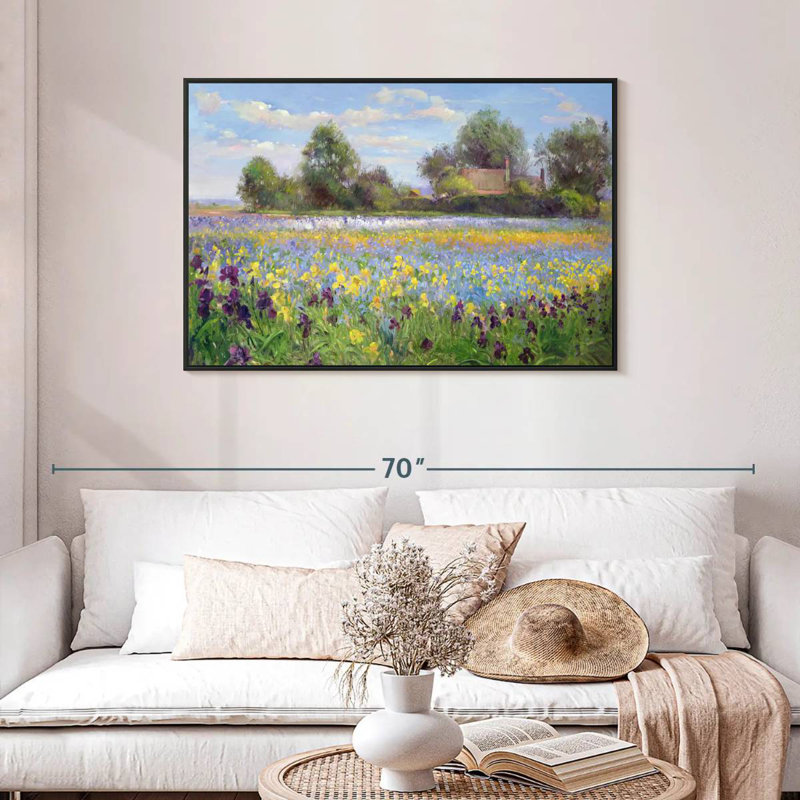 Ferme et champ d'iris, Cadre flottant noir, 43 po x 29 po