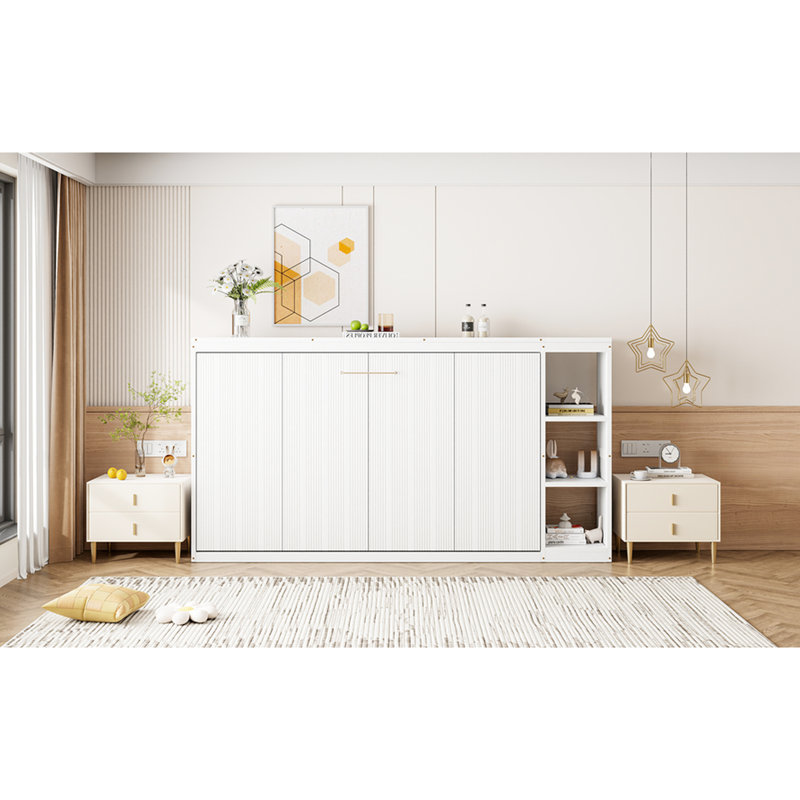 Lit simple blanc avec armoire de rangement à tablettes - et élément d'économie d'espace, Lit simple