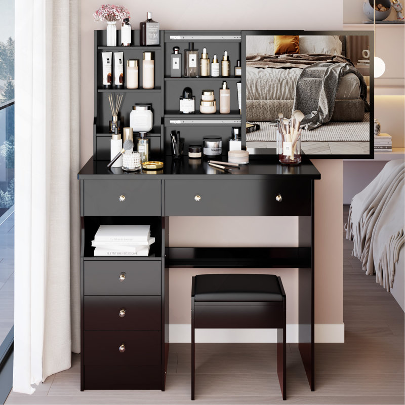 37" Middle Size Left Drawer Desktop Vanity Table With Cushioned Stool,Multi-Layer High Capacity Storage, Practical Fashionable Dresser