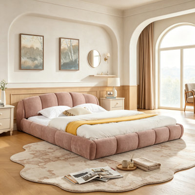 Base de lit plateforme basse rembourrée avec tête de lit pour maison minimaliste, lit Cloud avec support en lattes de bois pour adultes, aucun sommier requis, grand lit, rose