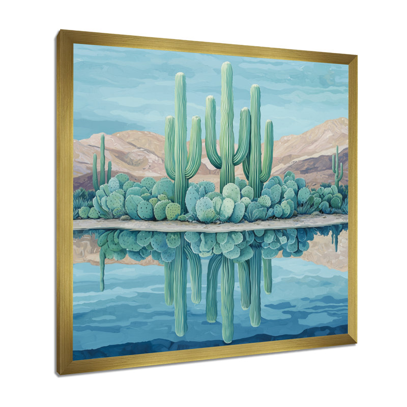 Marelya cactus et l'oasis du désert I - art mural cactus, H 30 po x l 30 po, Reproduction encadrée d'une seule photo, Doré