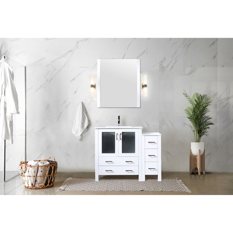 Meuble-lavabo de 107 cm (42 po), blanc - Structure en bois massif et dessus en céramique - Armoire latérale avec rangement - Technologie de fermeture amortie - Système de structure durable - Résistant aux taches et aux égratignures