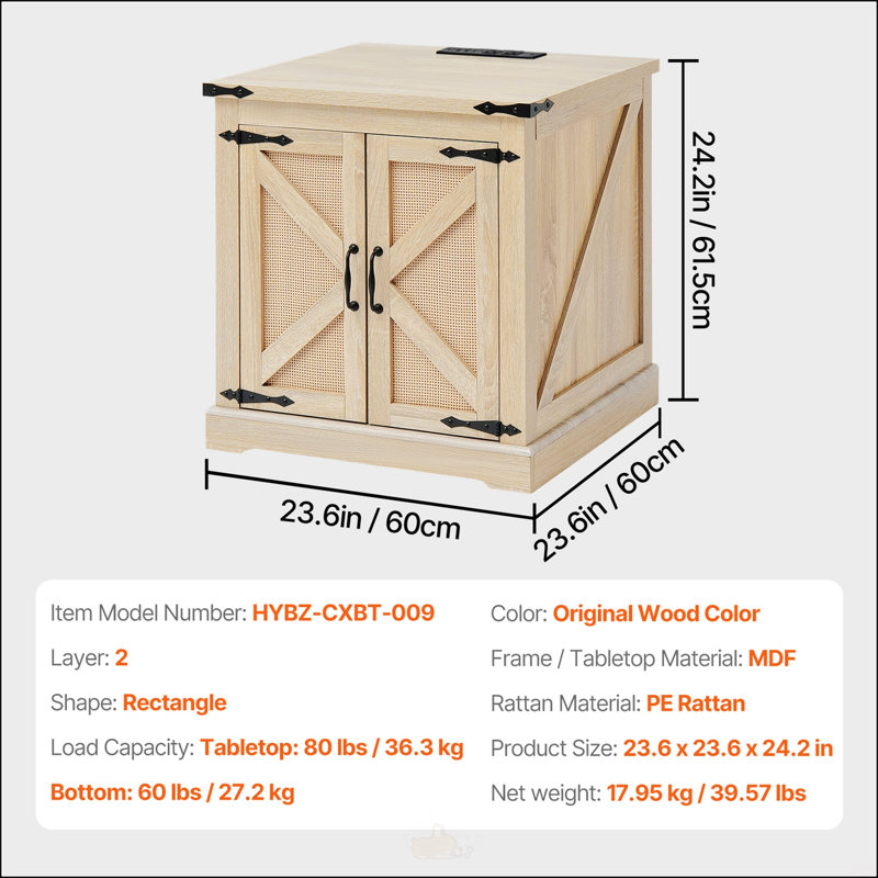 Table de bout Farmhouse, table basse rectangulaire en bois de rotin tissé PE, style bohème moderne de 24 pouces avec rangement, idéale pour les petits espaces et les décors