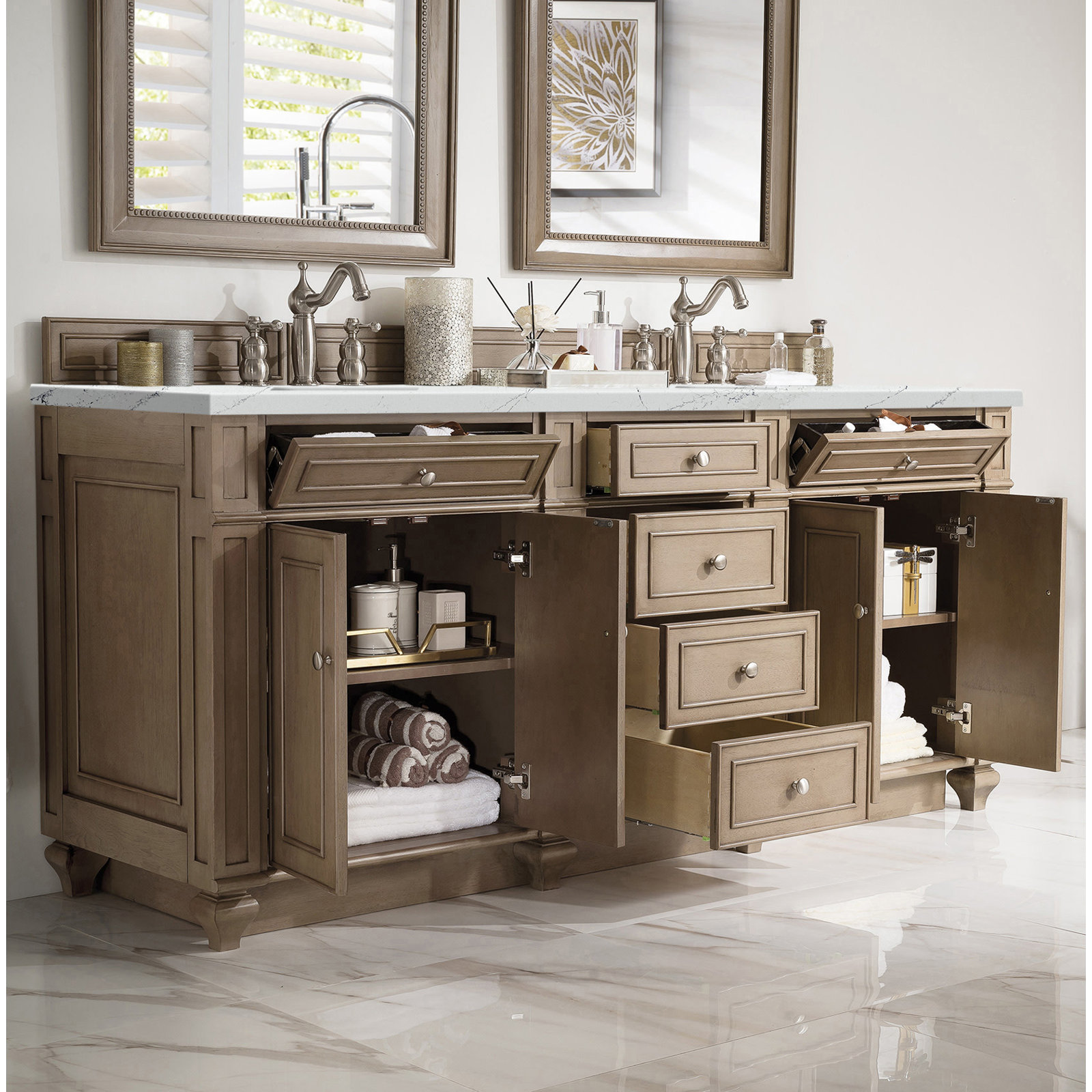 Calisto 72" Double Bathroom Vanity, Whitewashed Walnut, Ethereal Noctis, 8" Widespread