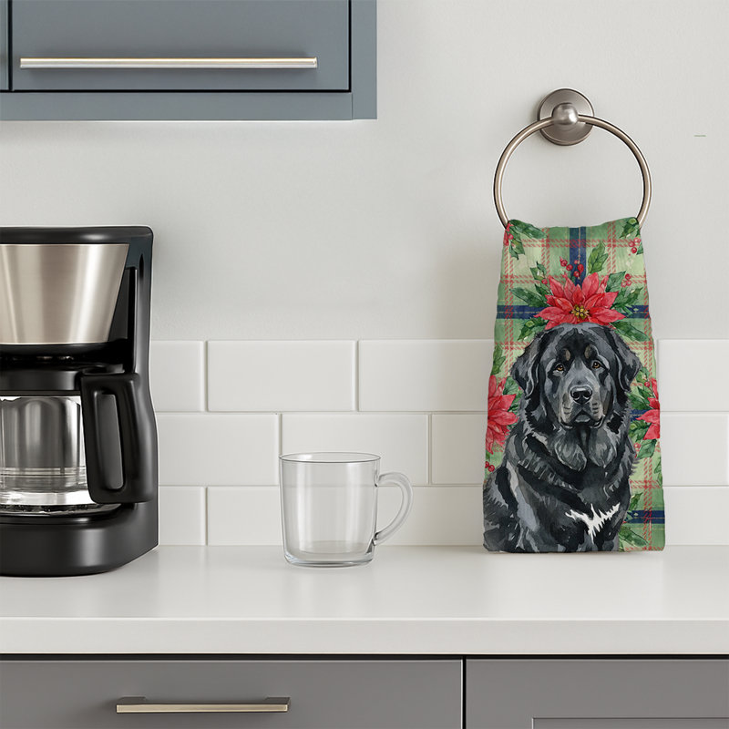 Black Tibetan Mastiff Christmas PoinsettIas Kitchen Towel, Black Tibetan Mastiff
