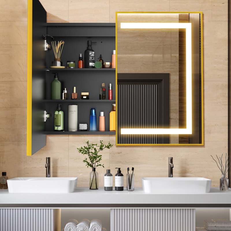 W H Framed Medicine Cabinet Mirror Fixed, Gold, 30" H x 36" W x 5" D