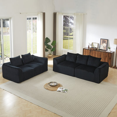 Ensemble de canapé Minimalist 3 + 2 places en velours côtelé avec lignes courbes et dossier légèrement incliné, livré avec 5 coussins décoratifs en forme de corne noir